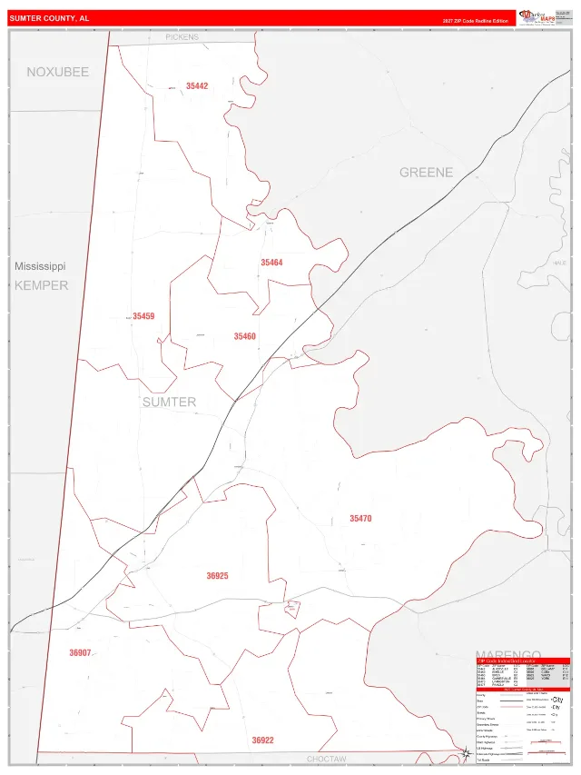 Sumter County, AL ZIP Code Wall Map, RedLine style
