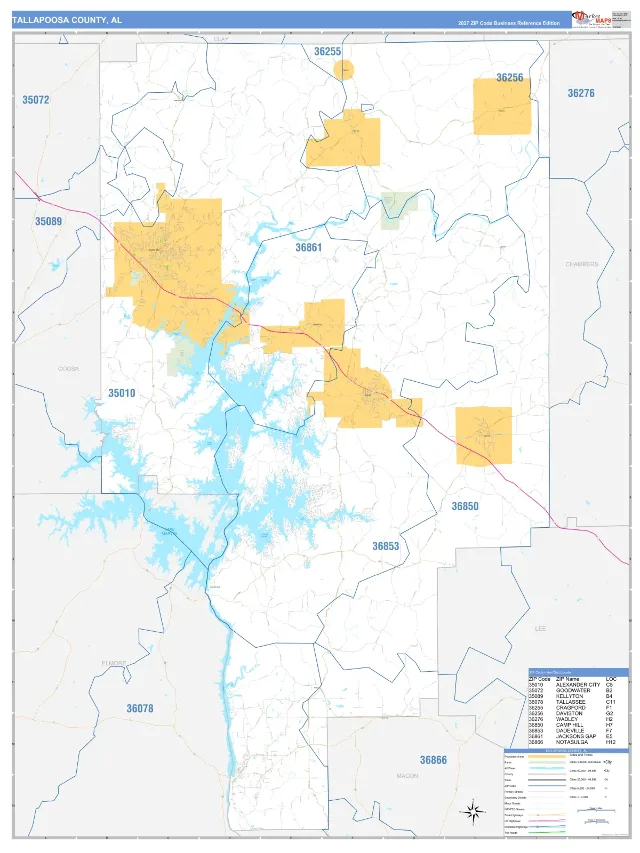 Tallapoosa County, AL ZIP Code Wall Map, Business Reference style