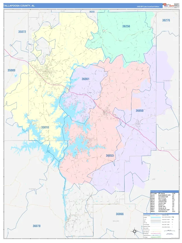 Tallapoosa County, AL ZIP Code Wall Map, ColorCast style