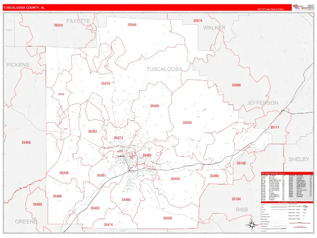 Tuscaloosa County, AL ZIP Code Wall Map, RedLine style