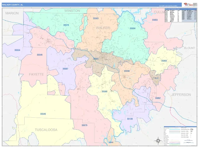 Walker County, AL ZIP Code Wall Map, ColorCast style
