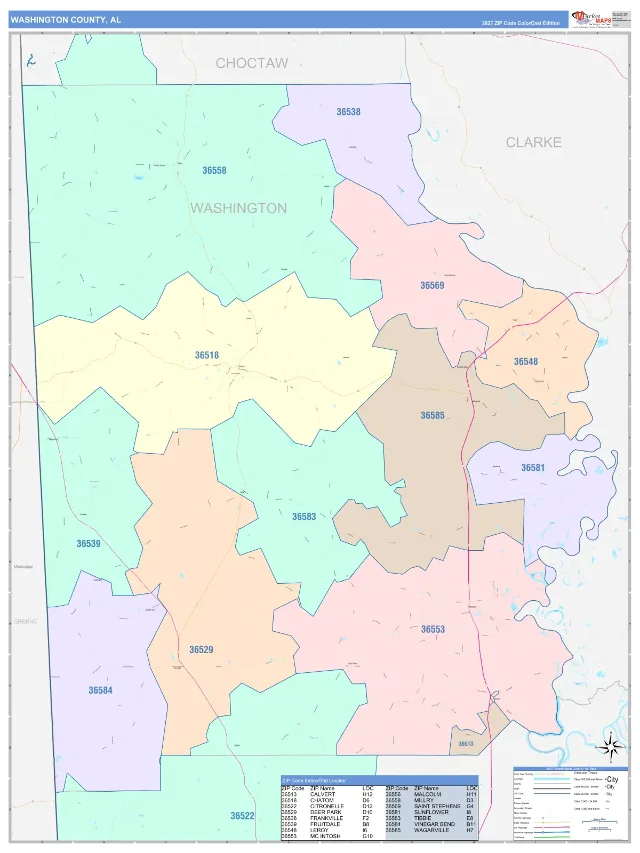 Washington County, AL ZIP Code Wall Map, ColorCast style