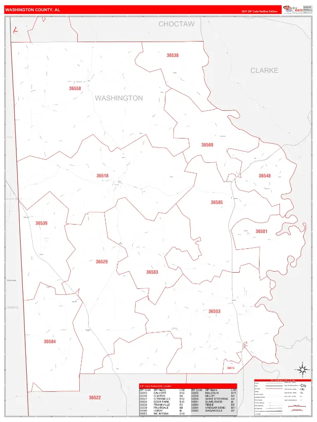 Washington County, AL ZIP Code Wall Map, RedLine style