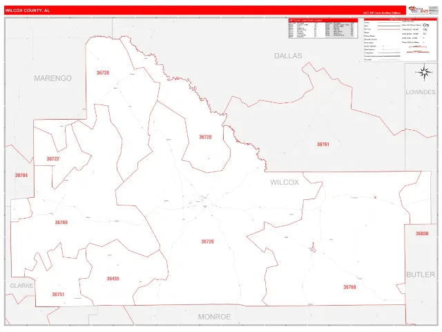 Wilcox County, AL ZIP Code Wall Map, RedLine style