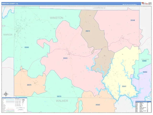 Winston County, AL ZIP Code Wall Map, ColorCast style