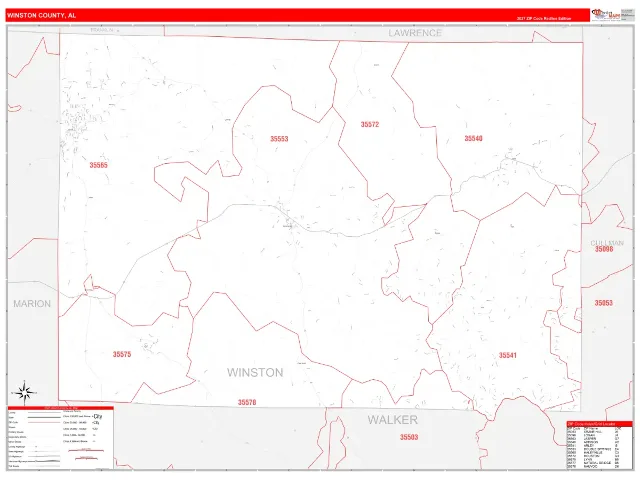 Winston County, AL ZIP Code Wall Map, RedLine style