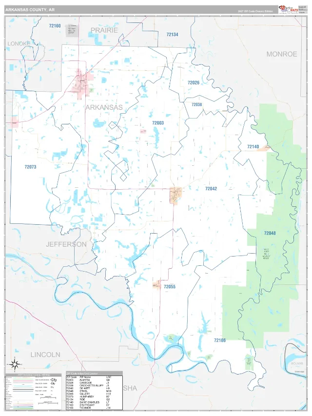 Arkansas County, AR ZIP Code Wall Map, Classic style