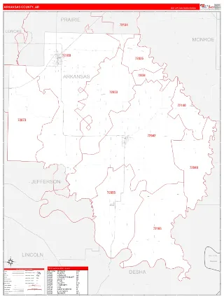 Arkansas County, AR RedLine style ZIP Code wall map