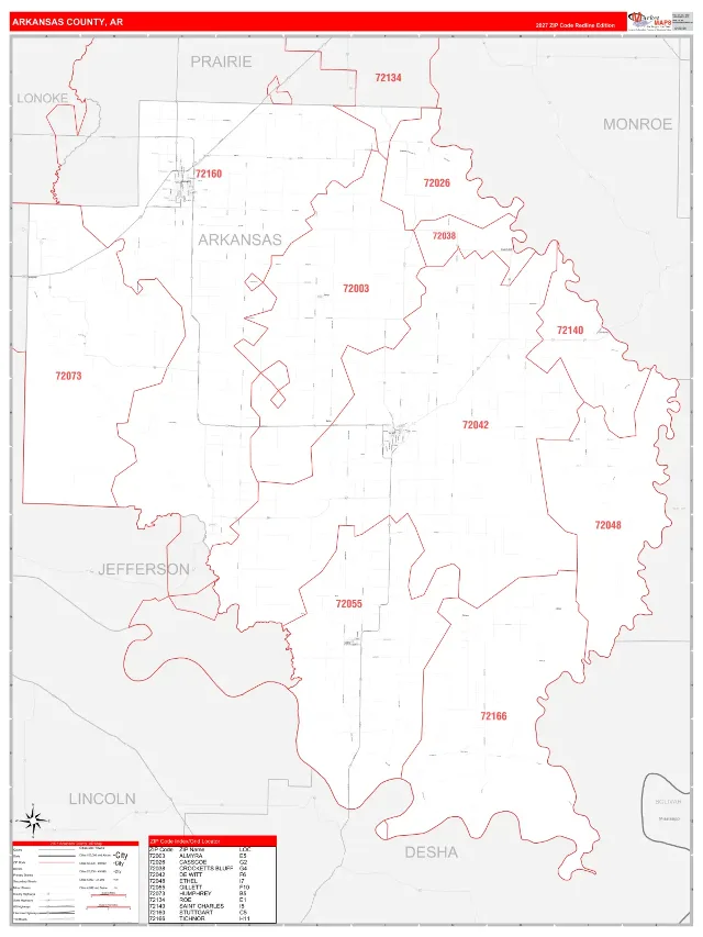 Arkansas County, AR ZIP Code Wall Map, RedLine style