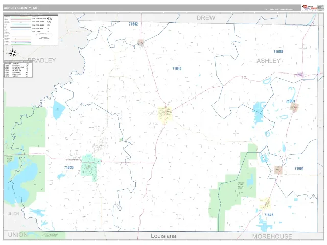 Ashley County, AR ZIP Code Wall Map, Classic style
