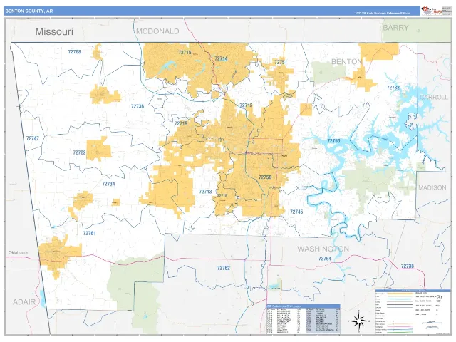 Benton County, AR ZIP Code Wall Map, Business Reference style