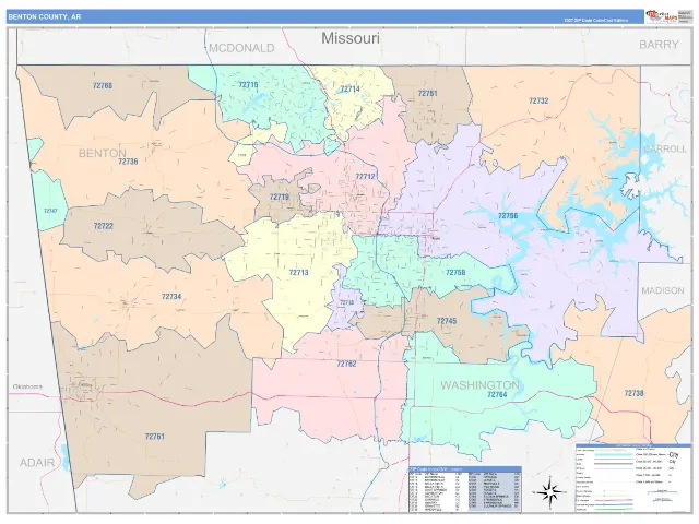 Benton County, AR ZIP Code Wall Map, ColorCast style