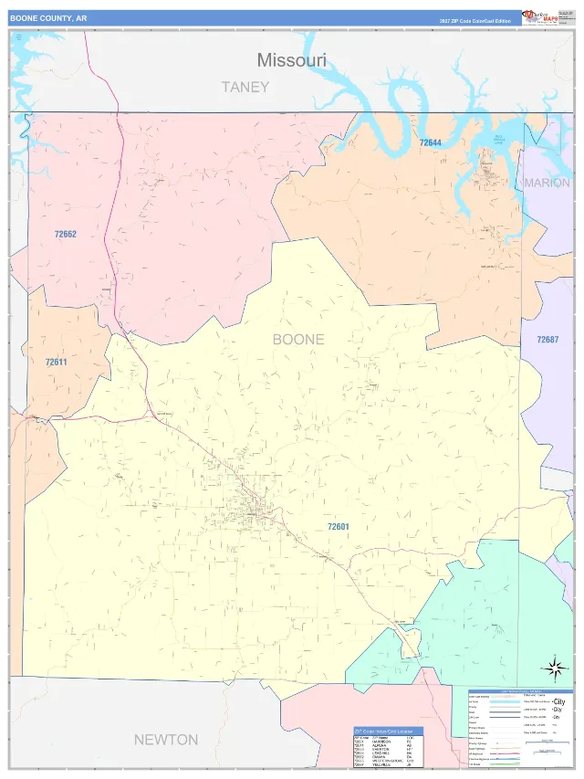 Boone County, AR ZIP Code Wall Map, ColorCast style