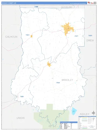 Bradley County, AR Business Reference style ZIP Code wall map