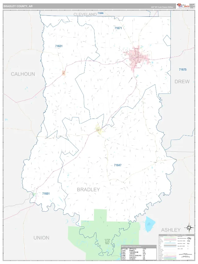 Bradley County, AR ZIP Code Wall Map, Classic style