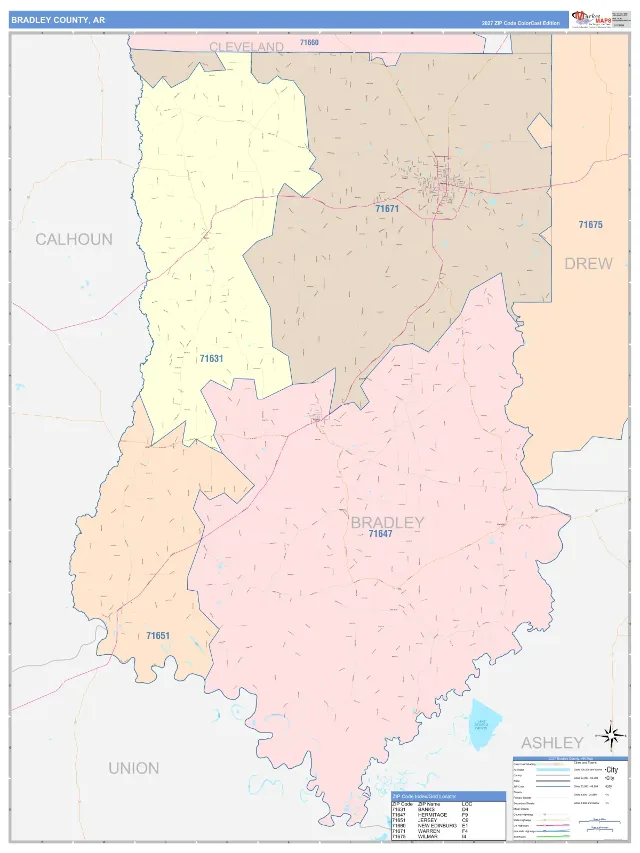 Bradley County, AR ZIP Code Wall Map, ColorCast style