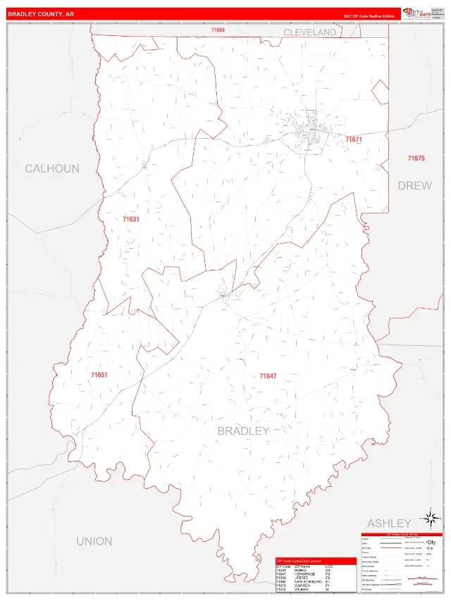 Bradley County, AR ZIP Code Wall Map, RedLine style