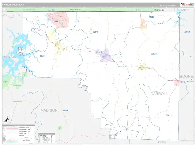 Carroll County, AR ZIP Code Wall Map, Classic style
