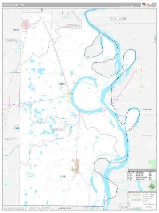Chicot County, AR Classic style ZIP Code wall map
