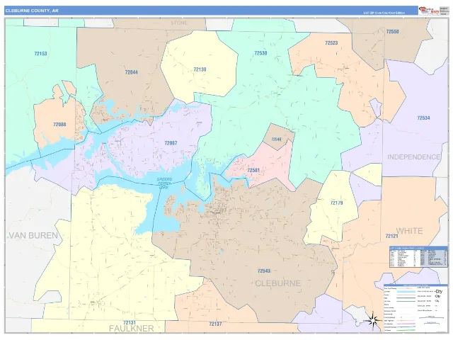 Cleburne County, AR ZIP Code Wall Map, ColorCast style