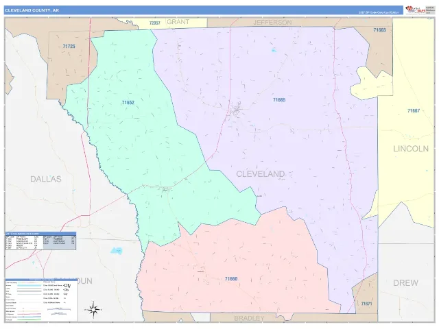 Cleveland County, AR ZIP Code Wall Map, ColorCast style