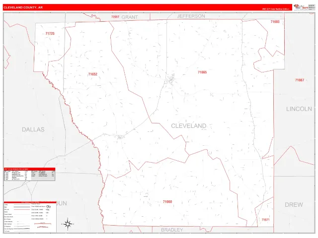 Cleveland County, AR ZIP Code Wall Map, RedLine style