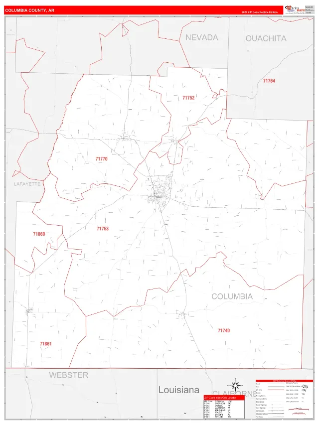 Columbia County, AR ZIP Code Wall Map, RedLine style