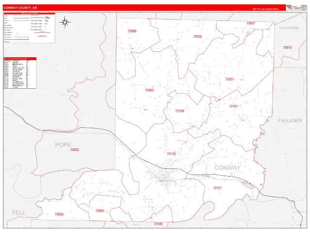 Conway County, AR ZIP Code Wall Map, RedLine style