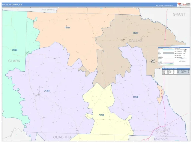 Dallas County, AR ZIP Code Wall Map, ColorCast style