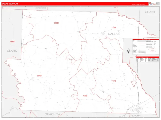 Dallas County, AR ZIP Code Wall Map, RedLine style