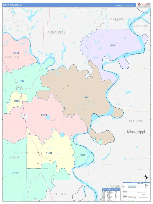 Desha County, AR ZIP Code Wall Map, ColorCast style
