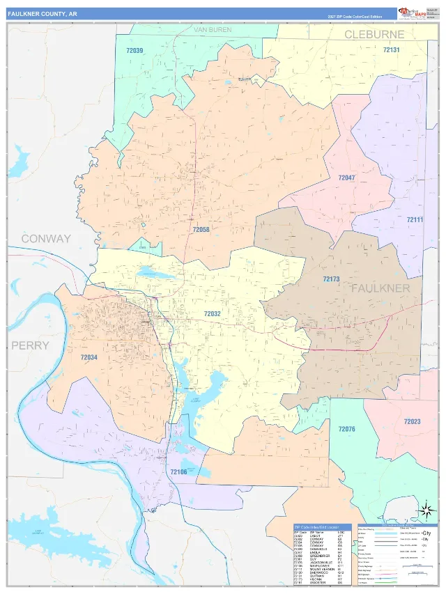 Faulkner County, AR ZIP Code Wall Map, ColorCast style
