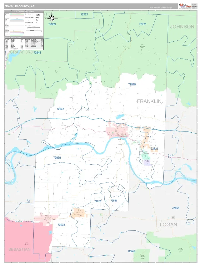 Franklin County, AR ZIP Code Wall Map, Classic style