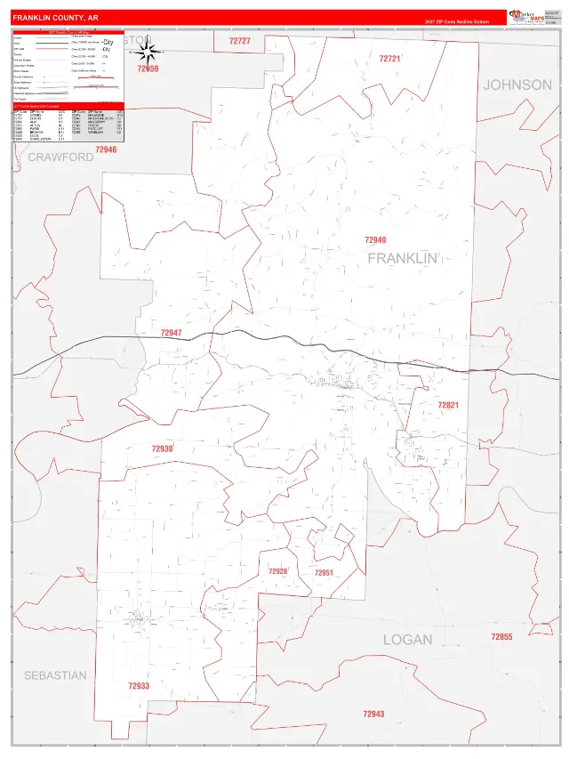 Franklin County, AR ZIP Code Wall Map, RedLine style