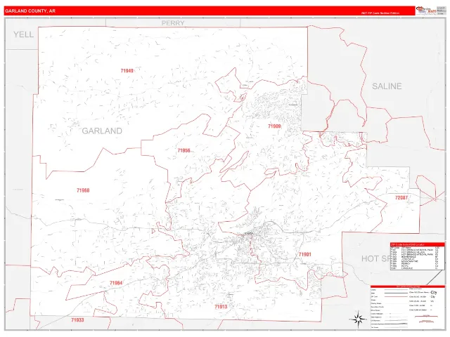 Garland County, AR ZIP Code Wall Map, RedLine style