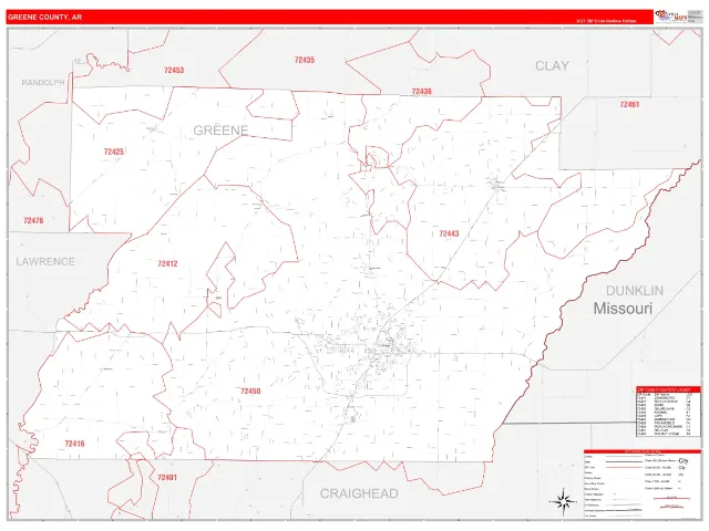 Greene County, AR ZIP Code Wall Map, RedLine style