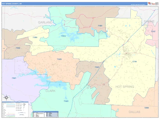 Hot Spring County, AR ZIP Code Wall Map, ColorCast style