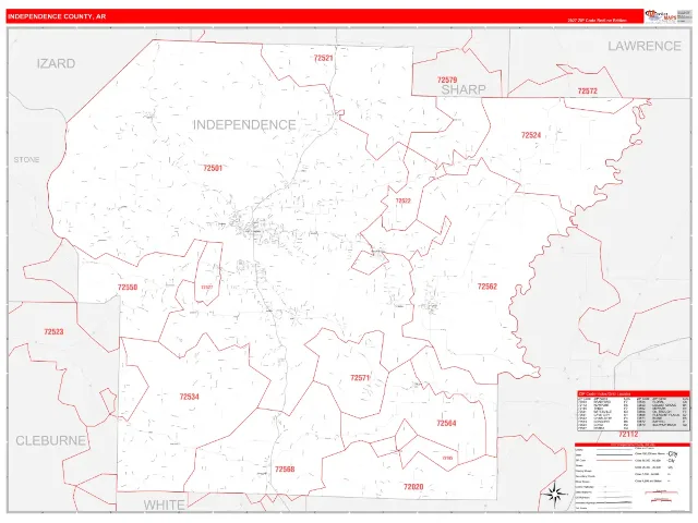 Independence County, AR ZIP Code Wall Map, RedLine style