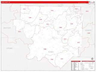 Izard County, AR RedLine style ZIP Code wall map