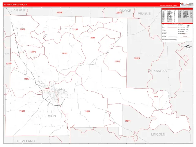 Jefferson County, AR ZIP Code Wall Map, RedLine style