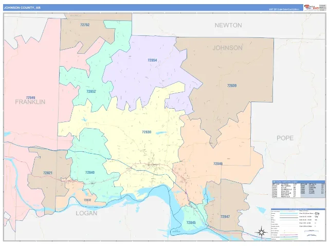 Johnson County, AR ZIP Code Wall Map, ColorCast style