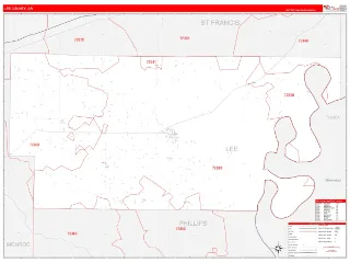 Lee County, AR RedLine style ZIP Code wall map