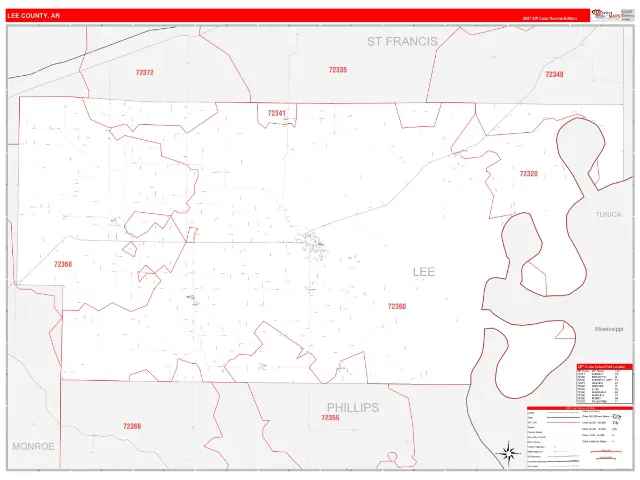 Lee County, AR ZIP Code Wall Map, RedLine style
