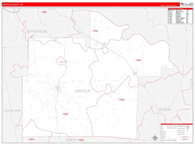Lincoln County, AR ZIP Code Wall Map, RedLine style
