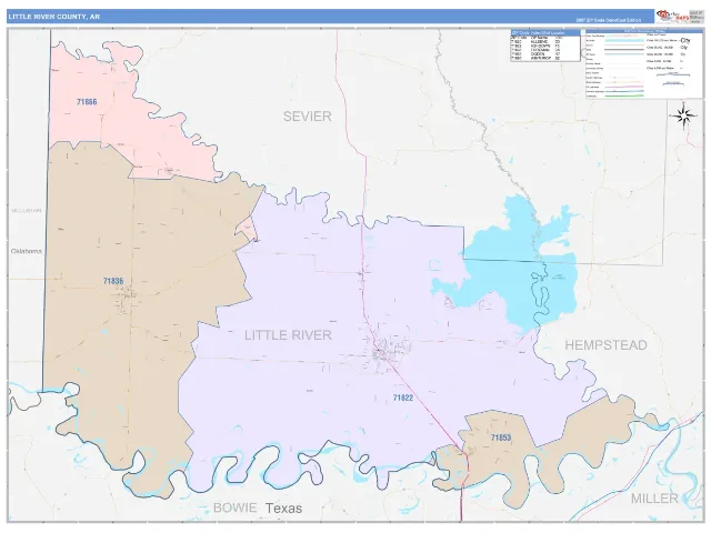Little River County, AR ZIP Code Wall Map, ColorCast style