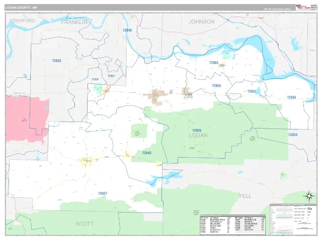 Logan County, AR ZIP Code Wall Map, Classic style