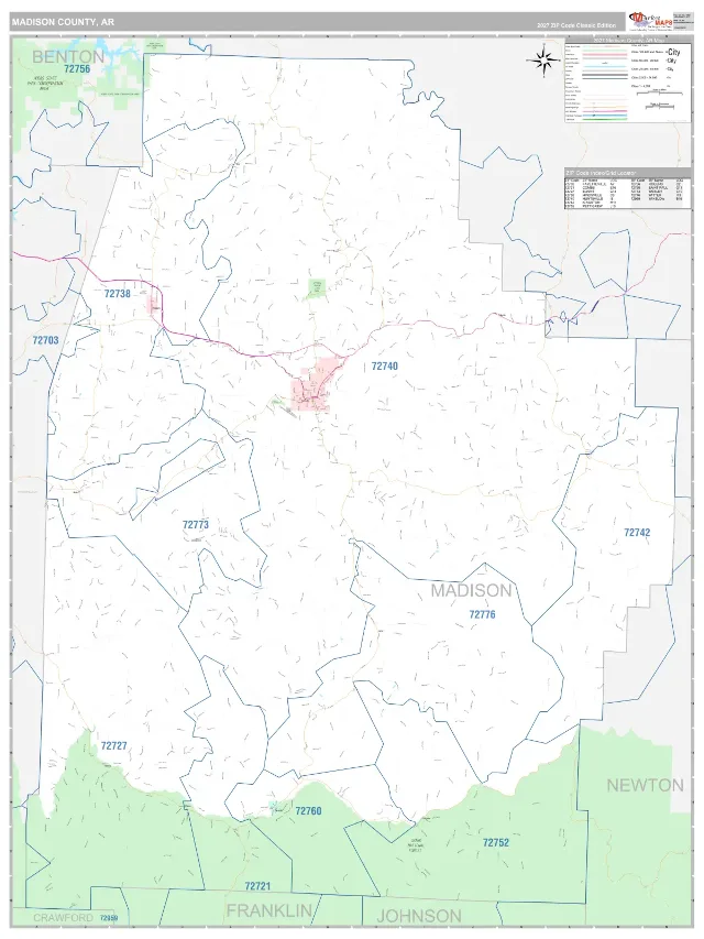 Madison County, AR ZIP Code Wall Map, Classic style