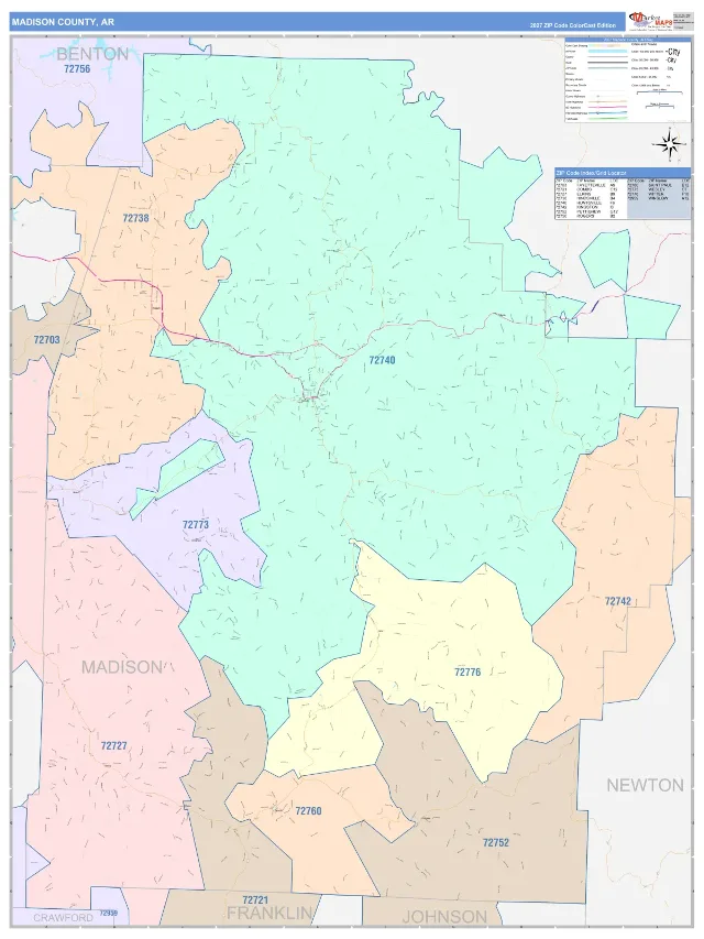 Madison County, AR ZIP Code Wall Map, ColorCast style