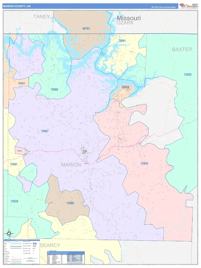 Marion County, AR ZIP Code Wall Map, ColorCast style