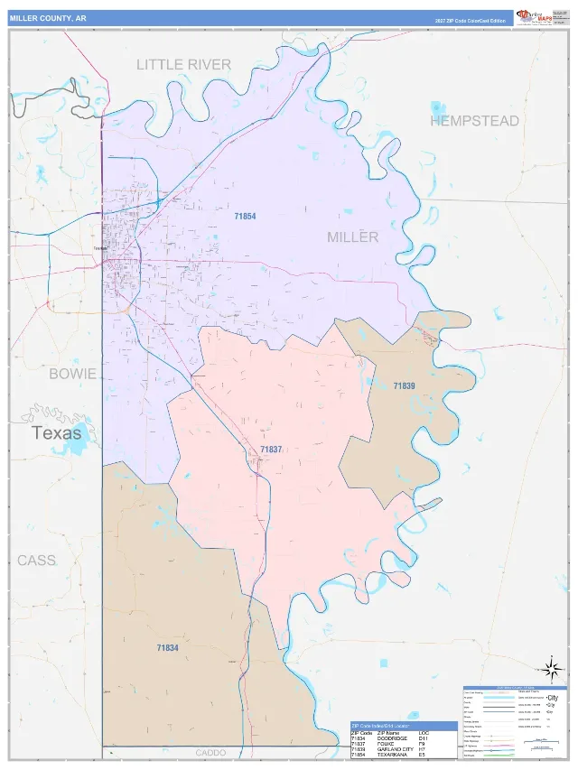 Miller County, AR ZIP Code Wall Map, ColorCast style